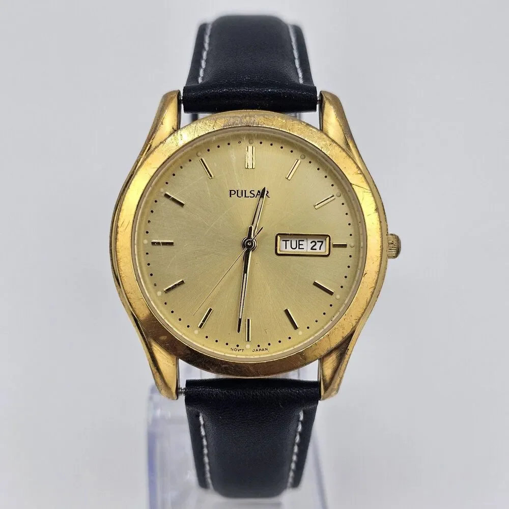 VTG Pulsar Men's Watch 37MM Gold Dial Day Date‎ New Black Leather Bands Battery